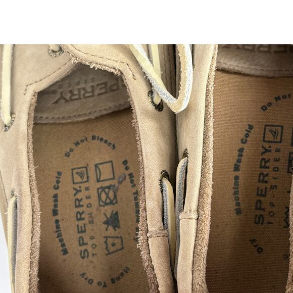 Sperry Top Sider Mens 9.5 M Light Tan Leather Navy Trim Boat Shoe Non Slip - Picture 6 of 8